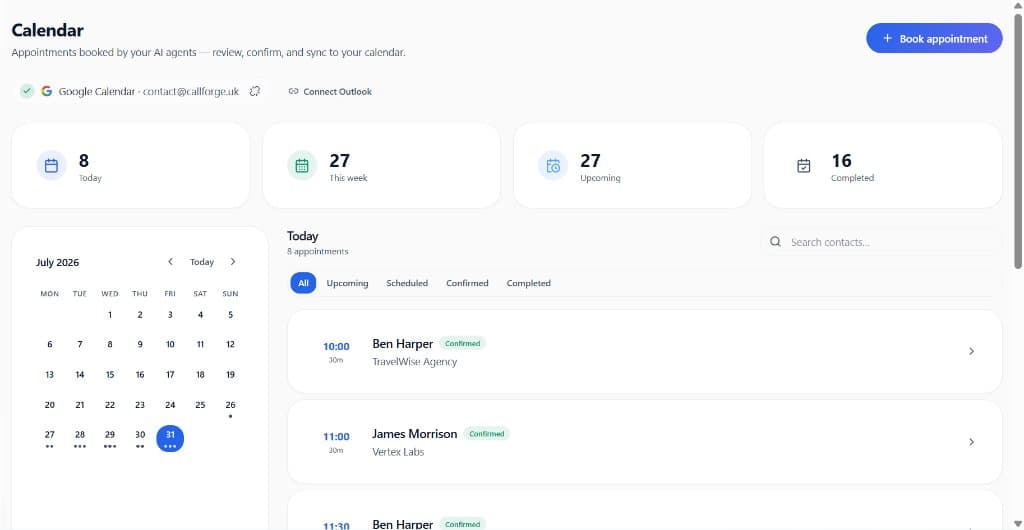 CallForge calendar with synced Google Calendar, appointment stats, and today's bookings