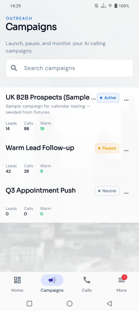 CallForge mobile app campaigns view showing active and paused campaigns with lead and call counts