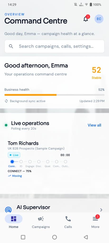 CallForge Command Centre mobile app showing live operations and key metrics